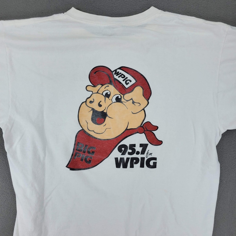Jerzees‎ T-Shirt Sz L White WPIG 95.7 FM Big Pig Radio Station Graphic VTG Olean